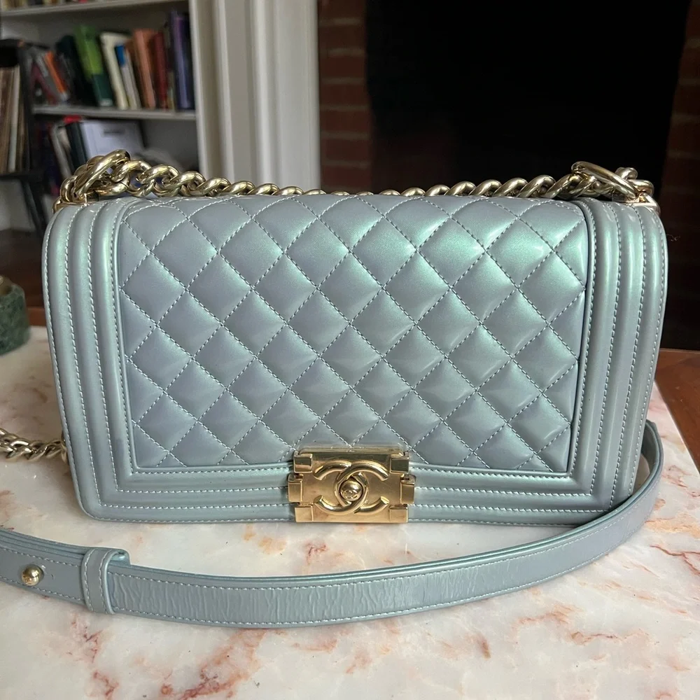 Chanel Quilted Blue Patent Leather Iridescent Medium Boy Bag